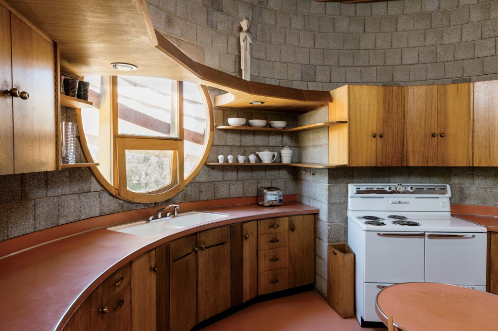The kitchen, also referred to as Work Space, by Wright, includes distinct circular windows pre-dating the geometry of future buildings by the architect including the Guggenheim Museum, Grady Gammage Memorial Auditorium, and Marin County civic center.