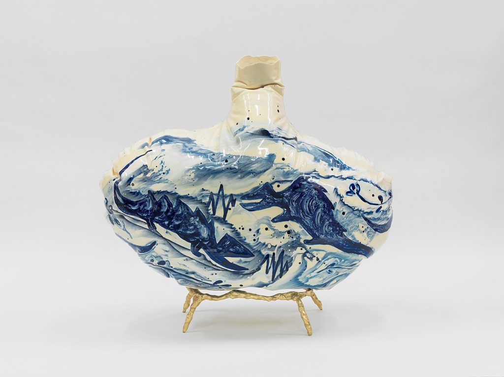 Kahn’s "Delphisaurus"—made of resin, epoxy, and gold leaf is a whimsical and typically exaggerated take on a traditional Chinese Export blue-and-white china vase.
