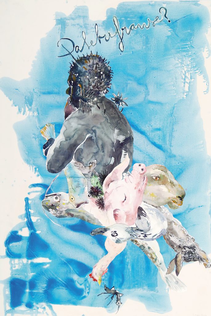 The 2011 watercolor titled Palebufranse is a composition with a human subject, with a pig, a lamb, a rabbit, a goose, and a fish suspended in a dreamy moment of reflection.