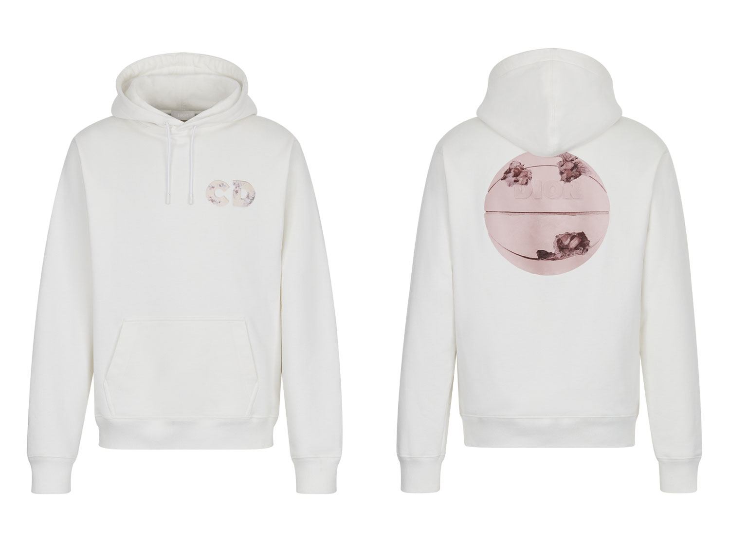 An oversized sweatshirt with 3D Eroded Dior and Daniel Arsham print, shown front and back.