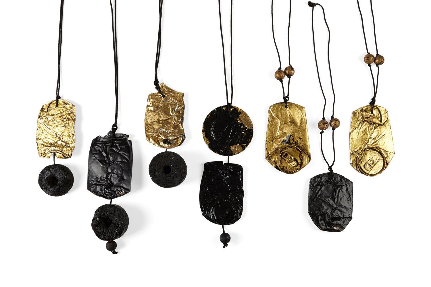 Seven pendant necklaces assembled from crushed tin cans and fishing floats, which were part of Nevelson’s costume designs for Orfeo ed Euridice, Opera Theatre of St Louis, 1984.